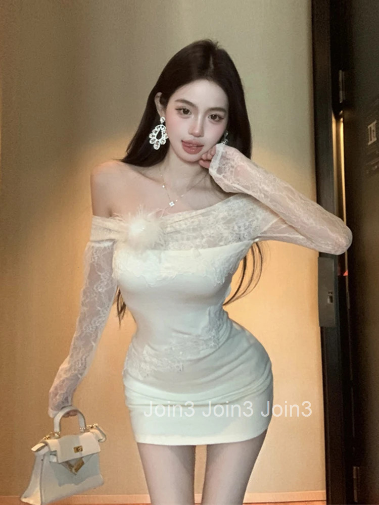 Hotsweet Sweet Date Dress Women Cute Gentle Sheer See Through Lace Flower Bodycon Short Gown Prom Nightclub Dance Vestidos Lady