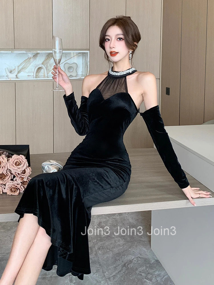 New Fashion Black Velvet Evening Dress Women Clothes Elegant Sexy Off-Shoulder Skinny Midi Robe Party Club Prom Vestidos Fiesta