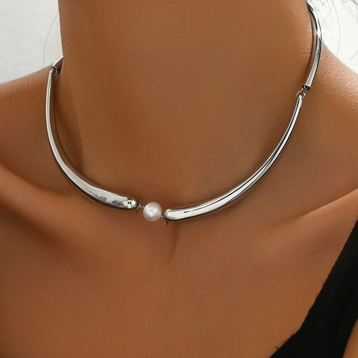 Unique Designer Geometric Hook Pearl Choker Long Necklace Women's Jewelry