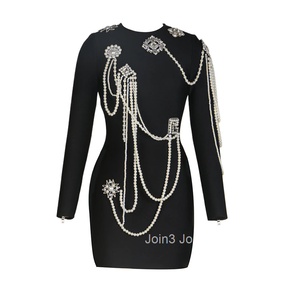 Luxury Fashion Womens Clothing Beading Diamond Black Bodycone Bandage Wrapped Hip Dress Elegant Long Sleeves Evening Party Gown