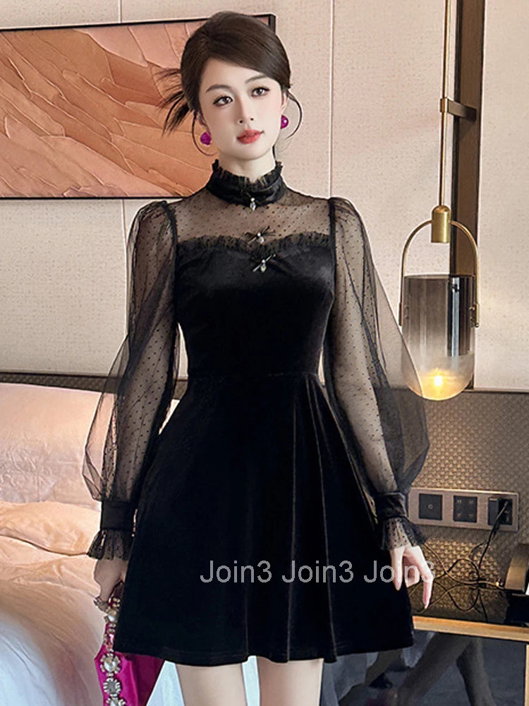 Women Clothes Black Mesh Sheer Sexy Puff Sleeve Slim A-Line Mini Short Dress Elegant Ladies Fashion Party Prom Vestidos Evening