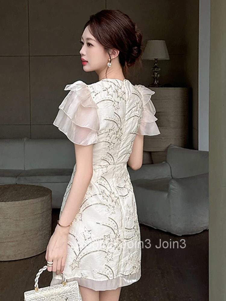 New Elegant Summer Fashion Sequin Sweet Evening Short Dress Women Bubble Sleeve Slim A-Line Party Prom Vestidos Street Clothes