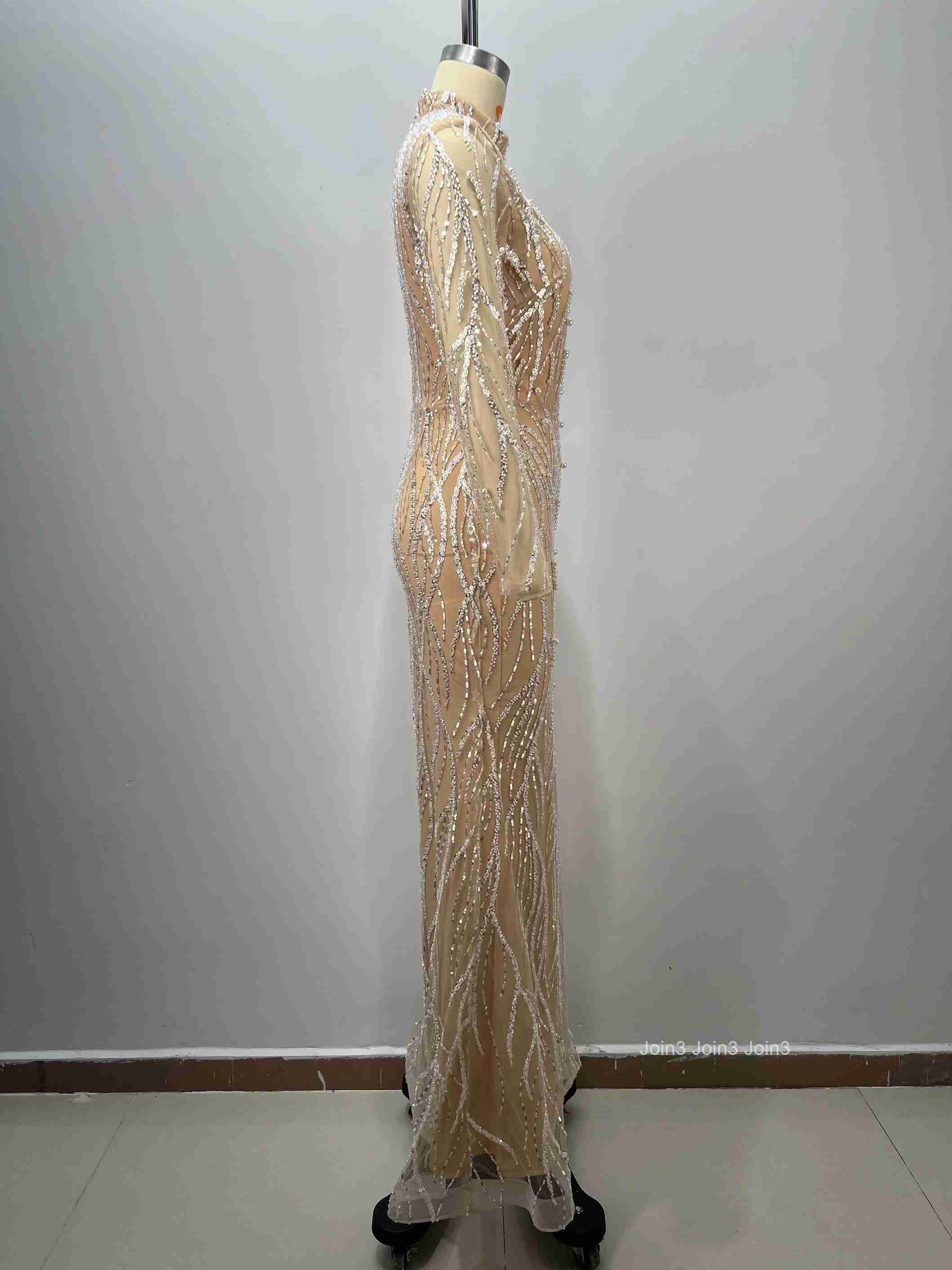 Womens Apricot Bandage Long Sleeve High Neck Gown Sheer Lace Applique with Crystal Sequin Beads for Formal Evening Red Carpe