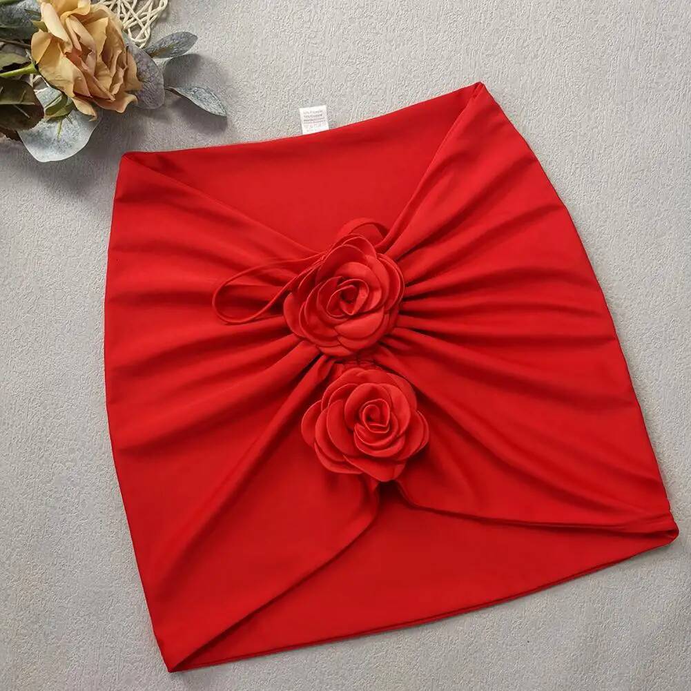 3Pcs/Set Women Summer Bikini 3D Rose Flower Decor Halter Bandeau Pleated Bra Swimming Trunks Overskirt Set Swimsuit