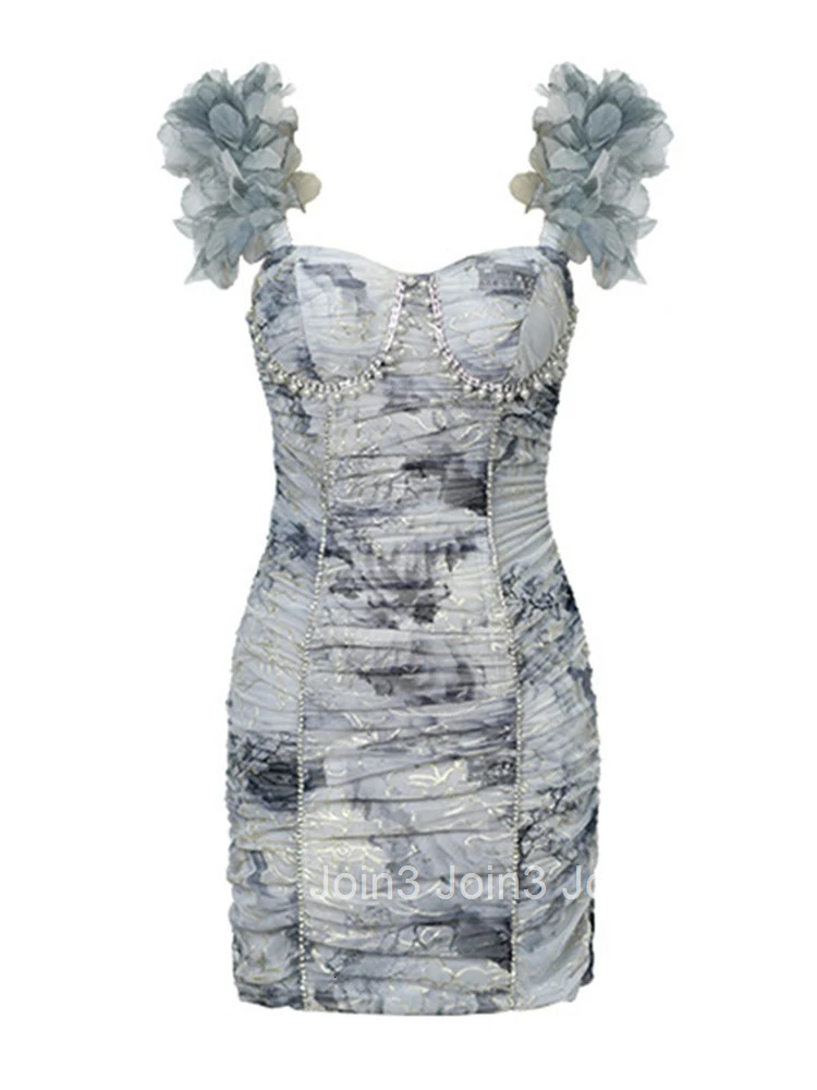 New Fashion Summer Evening Short Dress Luxury Women Chic Fairy Print Sexy Strap Slim Folds Mini Party Gown Mujer Vestidos Fiesta