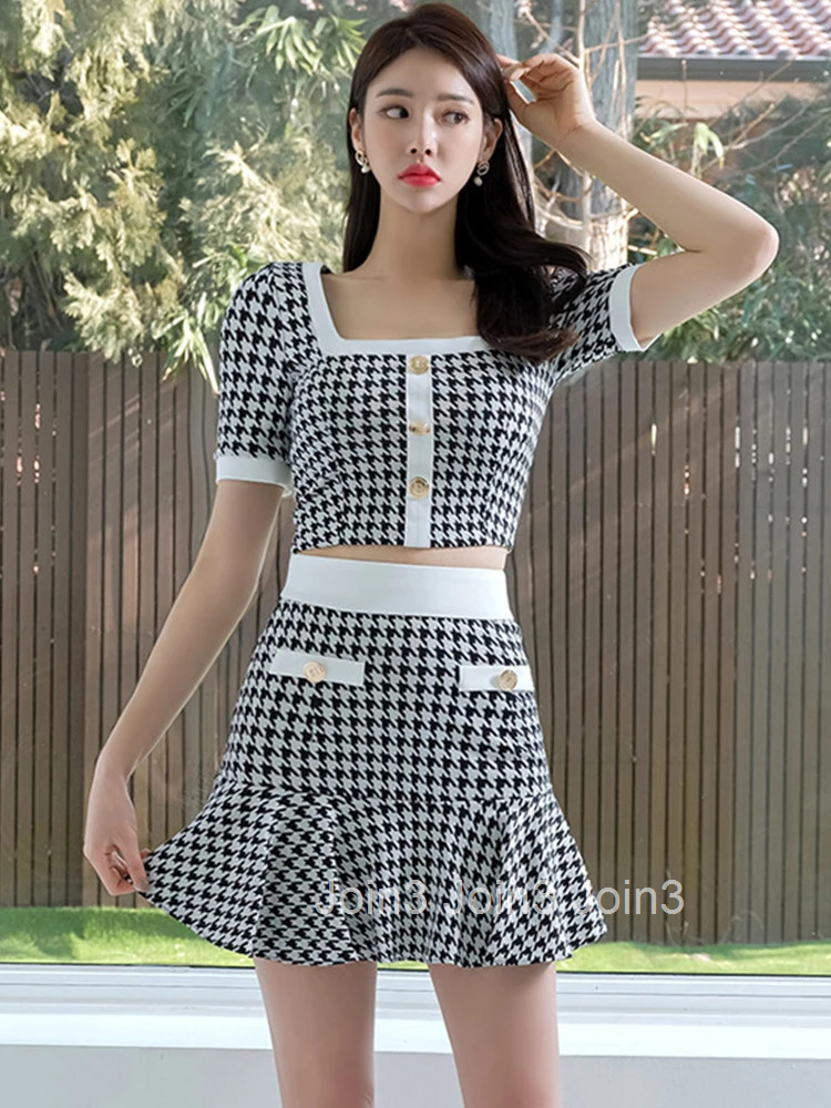 New Summer Sexy 2 Pieces Outfits Elegant Women Mujer Chic Vintage Short Cropped Tops Shirt Blouse High Waist Mini Skirt Slim Set