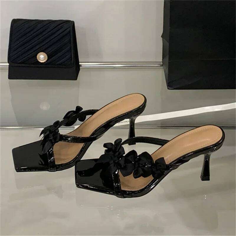 Eilyken Summer Butterfly-kont Square Toe Woman Slippers Fashion Elegant Thin High Heels Party Slide Shoes Zapatos De Mujer