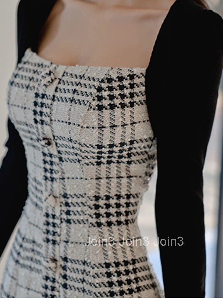 New Fashion Spring Autumn Fake 2-Piece Short A-Line Dress Ladies Women Elegant Square Collar Slim Mini Party Prom Mujer Vestidos