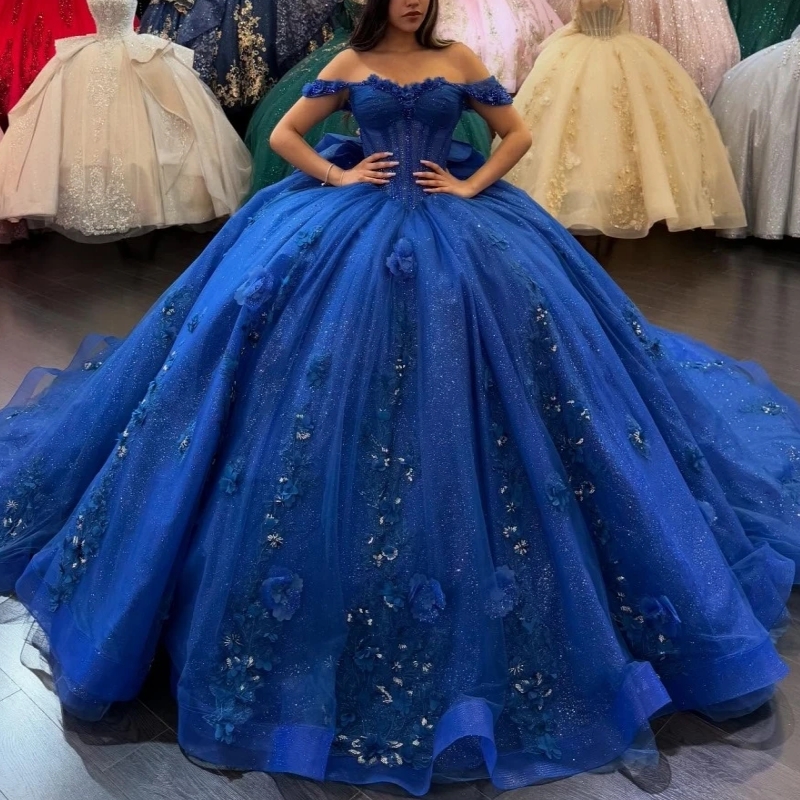 2025 Royal Blue Shiny Ball Gown Quinceanera Dresses Floral Applique Beading Bow Tull Corset Sweet 16 Dress Vestidos De 15 Anos