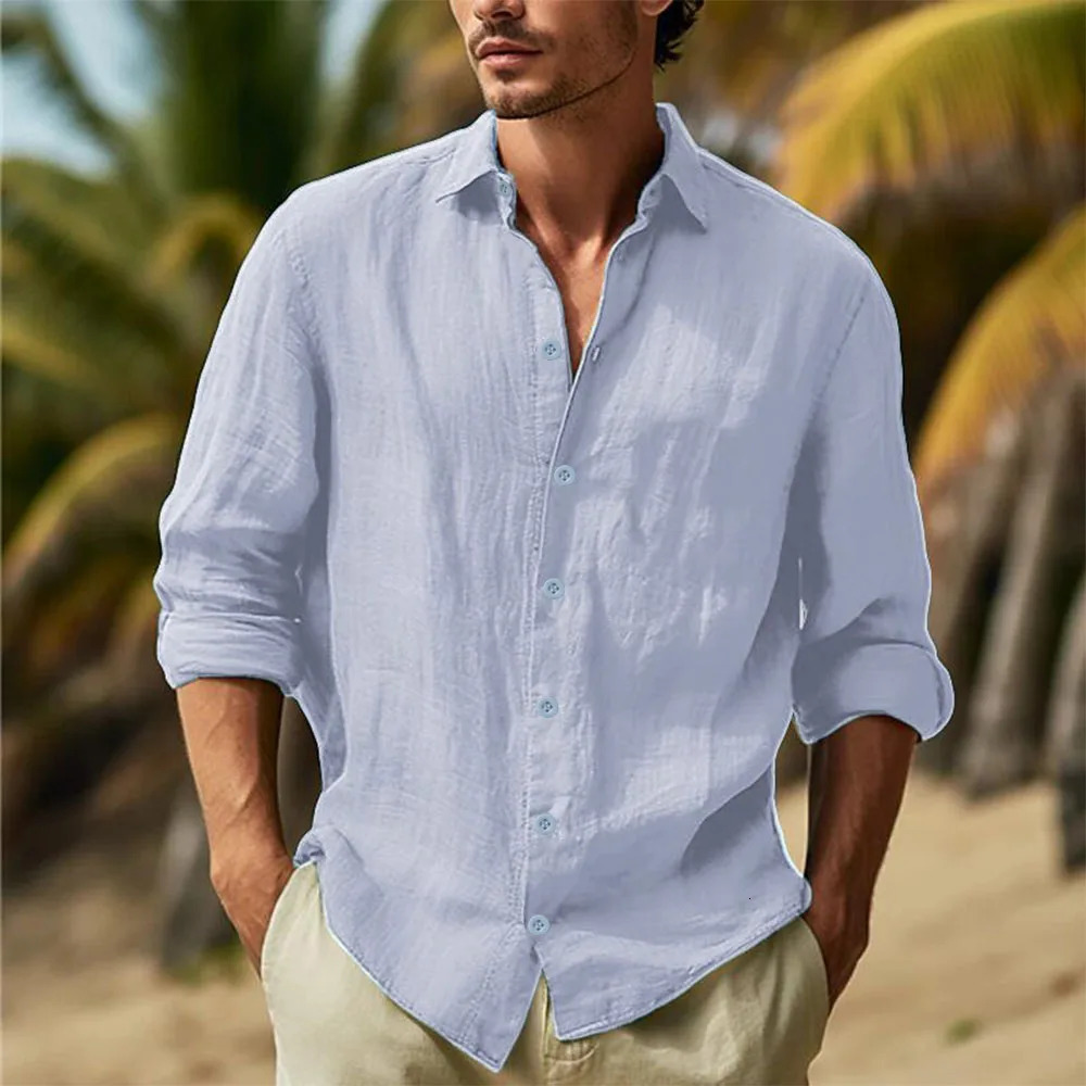 Mens Cotton Linen Shirts Turn Down Collar Solid Hawaiian Shirt Lightweight Breathable White Shirt Casual Large Size Streetwear 250618