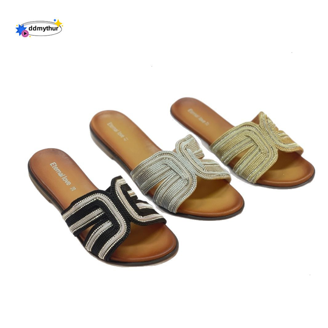 2025 New H Buckle Flat for Women Summer Outdoor Beach Casual One-Strap Sandals with Rhinestones Open Toe Mid Heel ddmythur