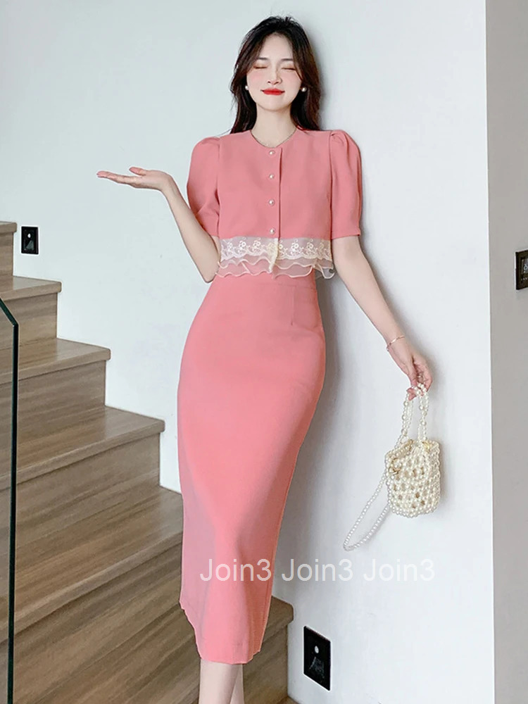 Fashion Summer Formal 2 Pieces Outfits Elegant Women Short Sleeve Cropped Tops Shirt Blouse High Waist Midi Skirt Mujer Slim Set