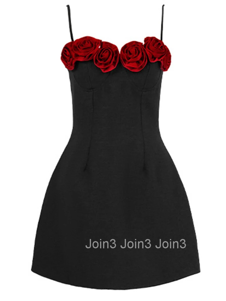 Summer French Romance Black Floral Evening Dress Women Clothes Sweet Sexy Sling Slim A-Line Short Party Club Prom Vestido Fiesta