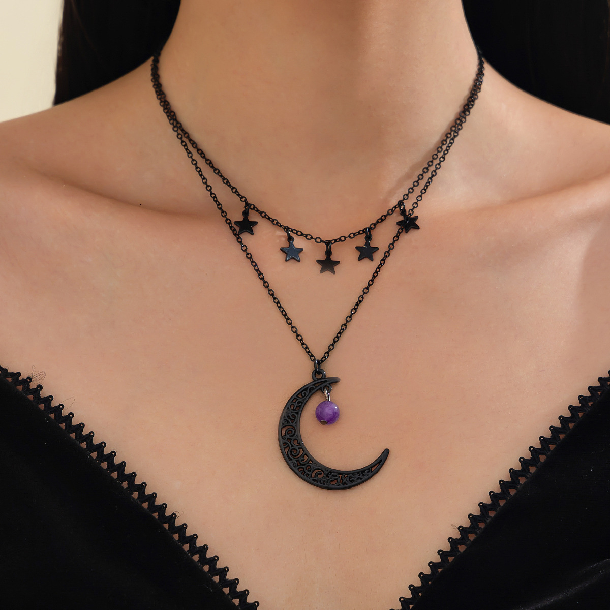 Crystal Bead Chain Sweet Cool Gothic Style Hollow Moon Pendant Necklace