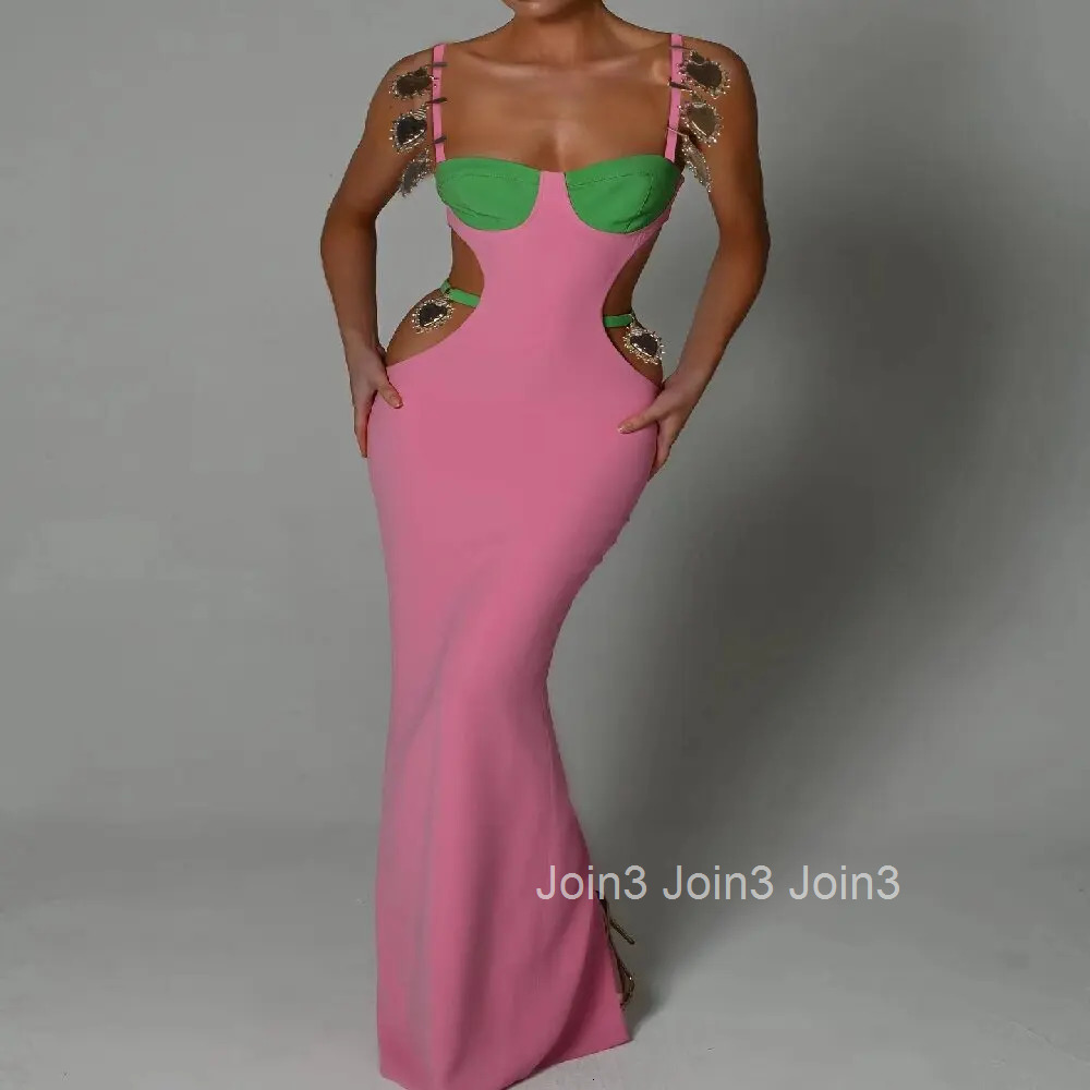 Newest Hotsweet Hollow Out Backless Bandage Dress Women Sexy Color-Blocking Spaghetti Strap Vestido Birthday Party Club Gown2025