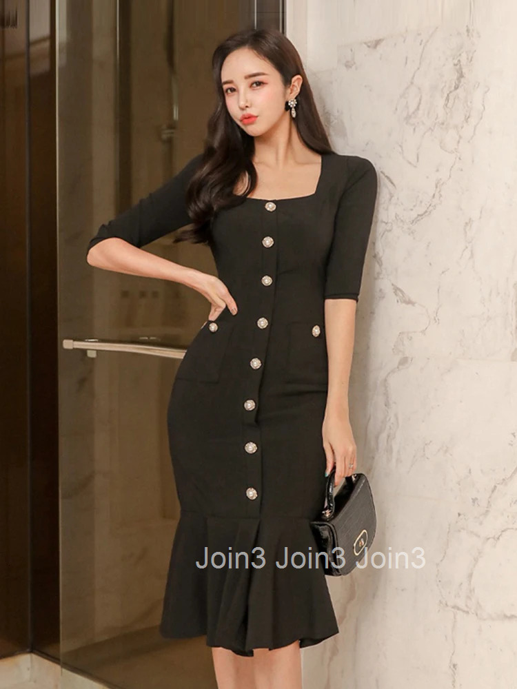 New Spring Autumn Fashion Ladies Black Mermaid Dresses Women Mujer Elegant Office Commute Square Collar Slim Dress Femme Vestido