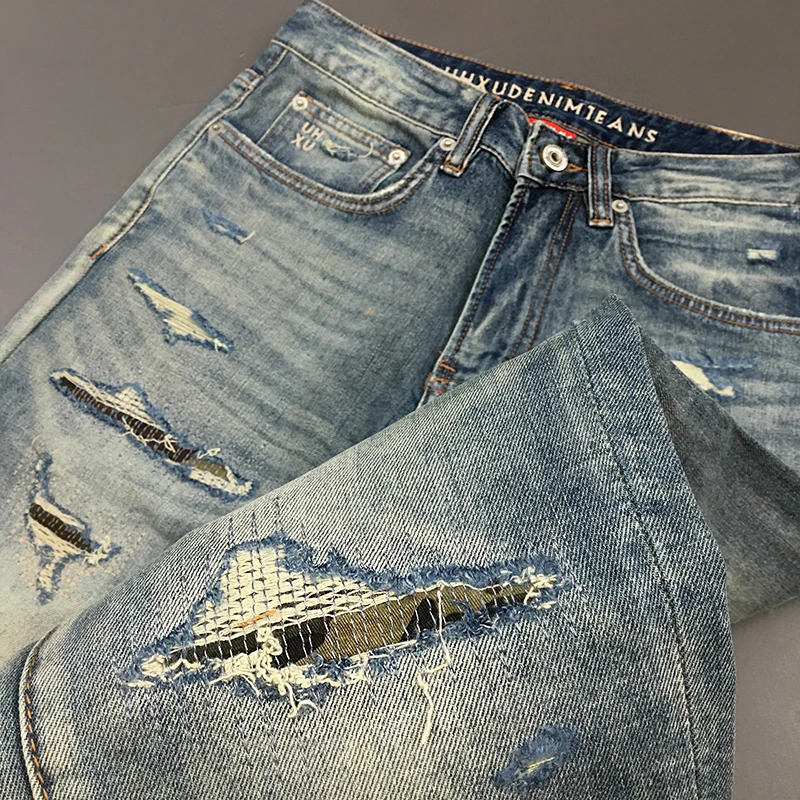Vintage Ripped Stretch Denim Jeans for Men - Summer Lightweight American High-Street Fashion Slim Straight-Cut Cropped Pants 250617