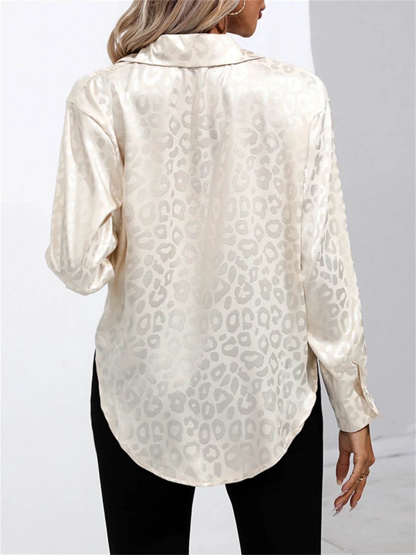 Elegant Lapel Collar Button Front Long Sleeve Leopard Shirt For Women Satin Blouse 250617