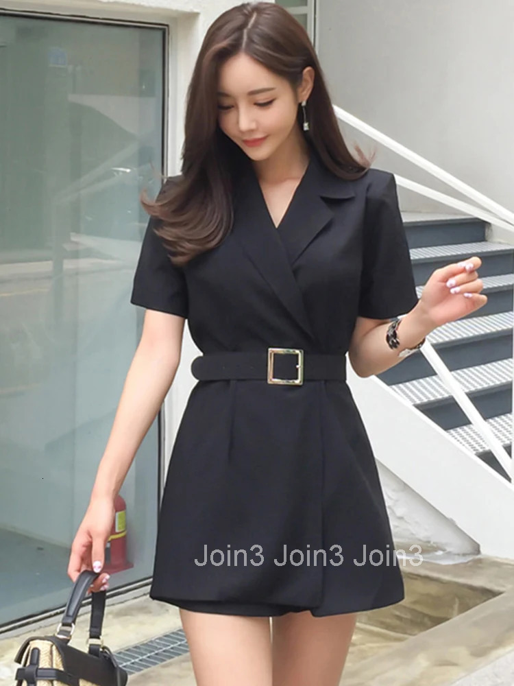 New Fashion Elegant Women Jumpsuit Temperament Retro Casual Black Short Sleeve Belt Slim Female Mujer High Waist Shorts Playsuit