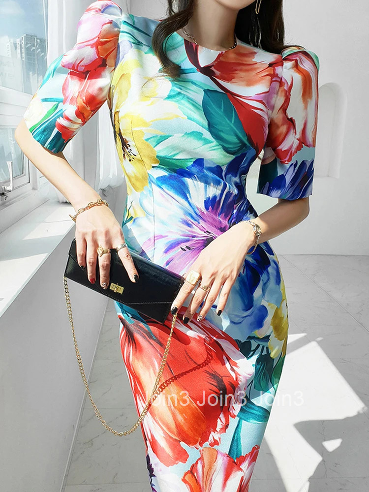 Elegant Office Women Dress Vintage Floral O-Neck Short Sleeve Slit Slim Midi Club Robe Femme Ladies Vestidos Ropa Mujer Verano