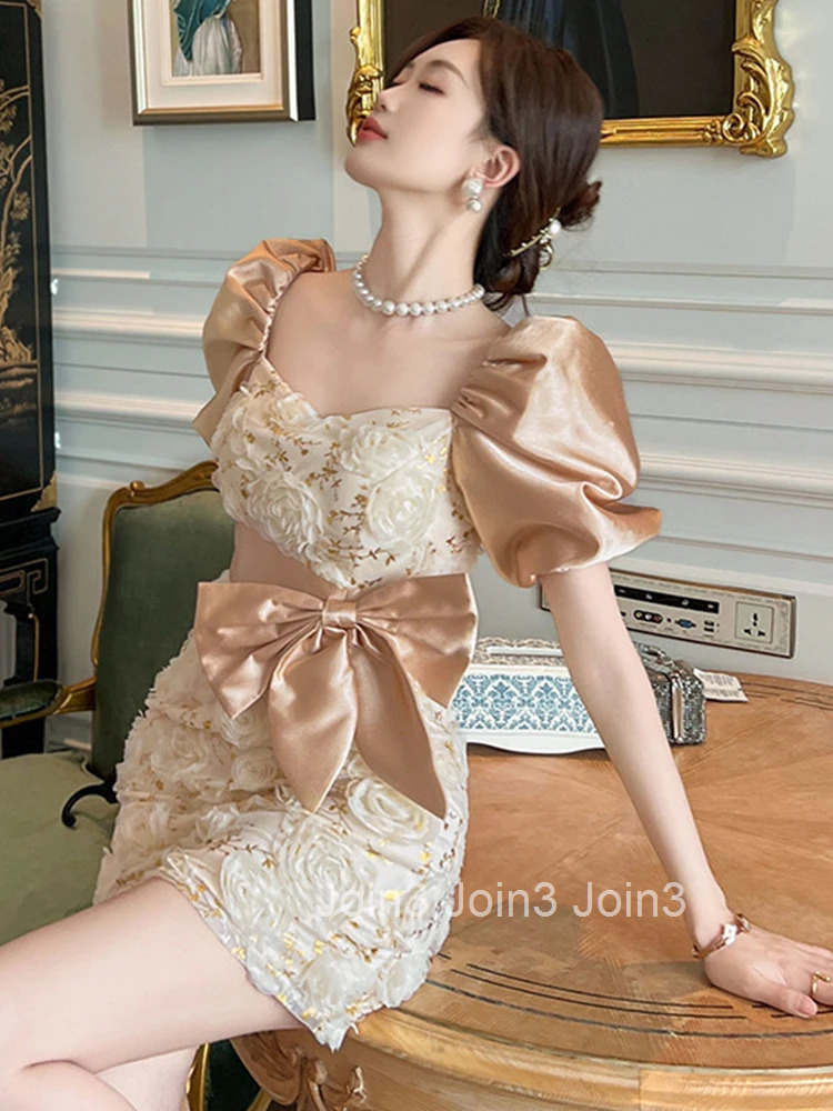 New Summer Fashion Sparkly Gold Evening Short Dress Women Clothes Sweet Floral Sexy Square Collar Slim Party Prom Vestido Fiesta