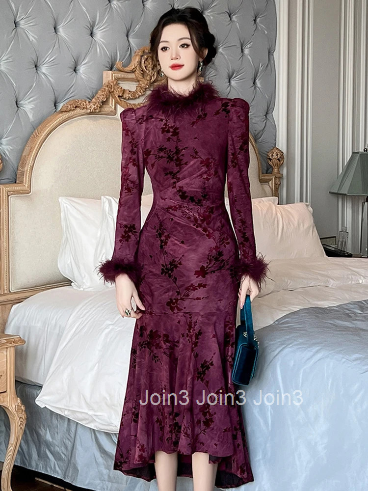 Women Clothes Vintage Purple Floral Feather O-Neck Slim Midi Fishtail Dress Elegant Fashion Party Prom Vestido Autumn Winter New