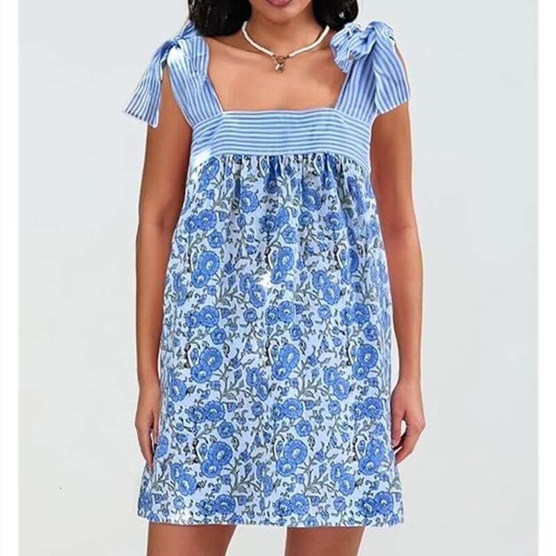 Strap Tie French Style Floral Loose Casual Short Ruched Square Neck Dress B5