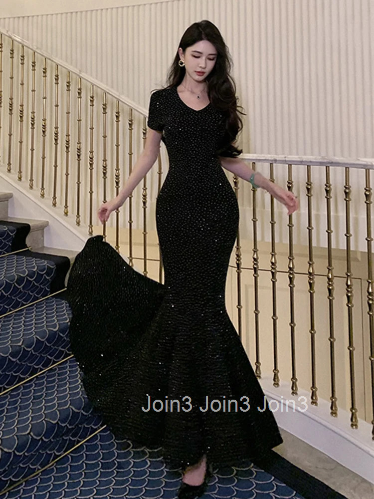Women Clothes Black Sparkly O-Neck Short Sleeve Skinny Maxi Long Dress Elegant Luxury Fashion Party Prom Vestidos Robe Fashion