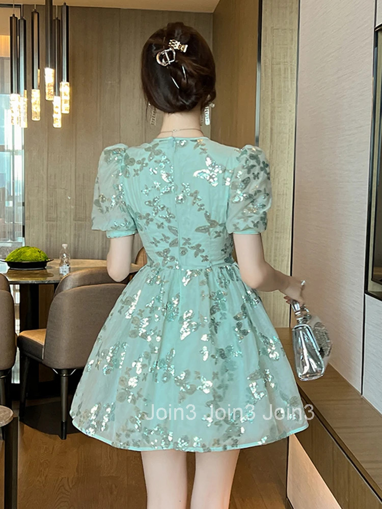 Summer Sparkly Sequin Vacation Gown Evening Dress Women Clothes Sweet Puff Sleeve A-Line Mini Short Party Prom Vestidos Fiesta