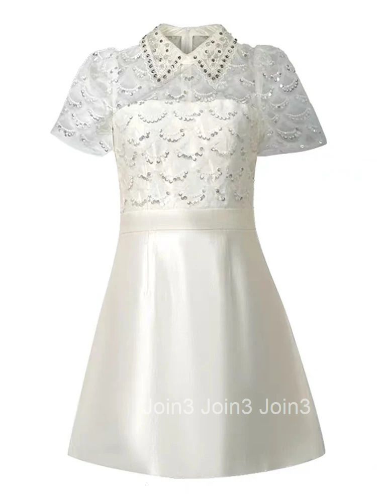 Summer White Satin Elegant Luxury A-Line Short Dress Women Clothes Retro Sequin Sheer Sexy Puff Sleeve Slim Party Prom Vestidos