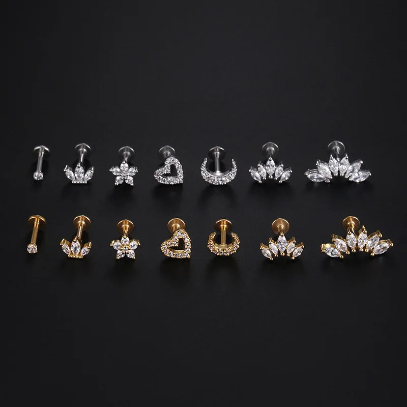 1Piece 12mm Heart Flower Crown Cartilage Earrings Stainless Steel Zircon Conch Rook Tragus Stud Labret Back Piercing Jewelry 250613