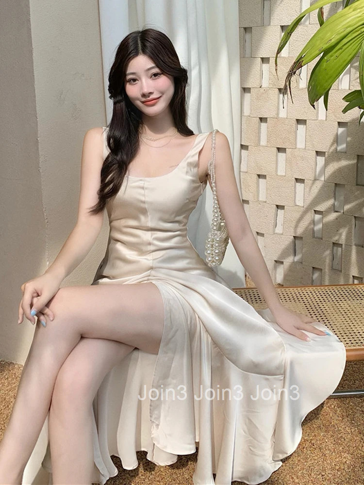 Korean Summer Satin Elegant Women Dress Casual Sexy Tank Backless Ruffle Split Maxi Party Lady Robe Femme Beach Mujer Vestidos