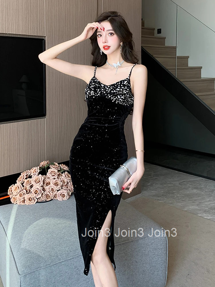 Fashion Lady Retro Velvet Sparkly Sequin Black Evening Dress Women Clothes Elegant Sexy Strap Slim Slit Party Club Prom Vestidos