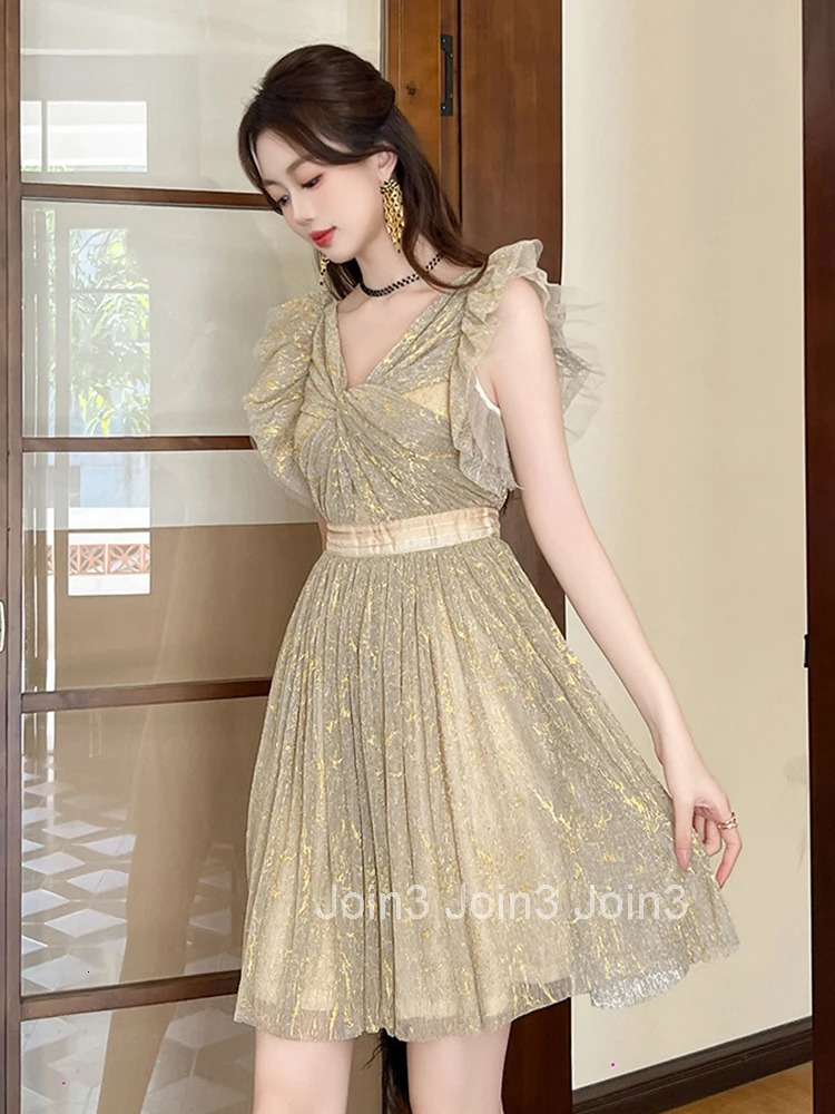 New Summer French Flying Sleeve Ruffle Mesh Fairy Evening Dress Women Clothes Sweet Sexy V-Neck Slim A-Line Party Prom Vestidos