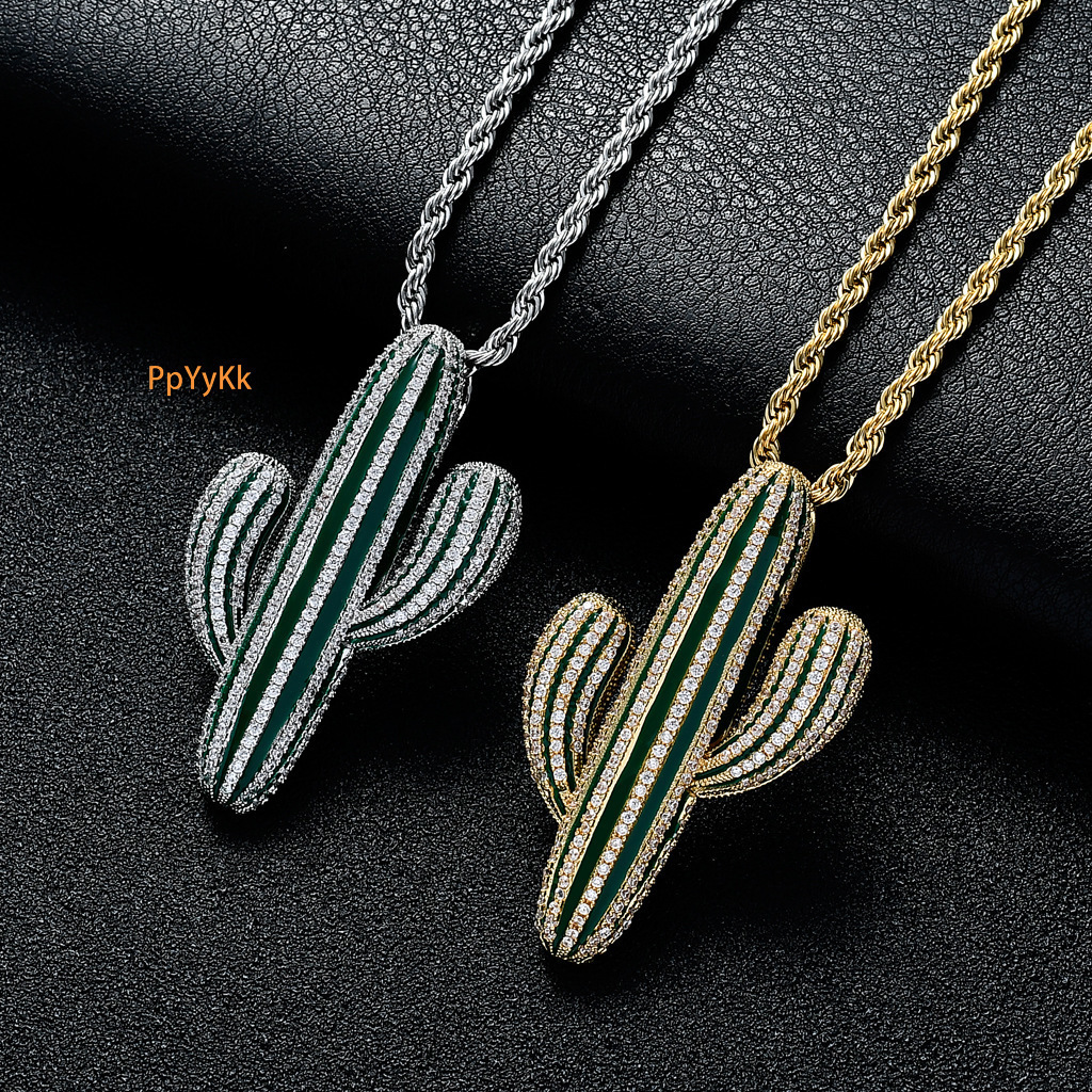 Luxury Moissanite Necklace Hip Hop Cactus Pendant Green Diamond Iced Out Streetwear Trendy Brand Accessory Pass the diamond tester