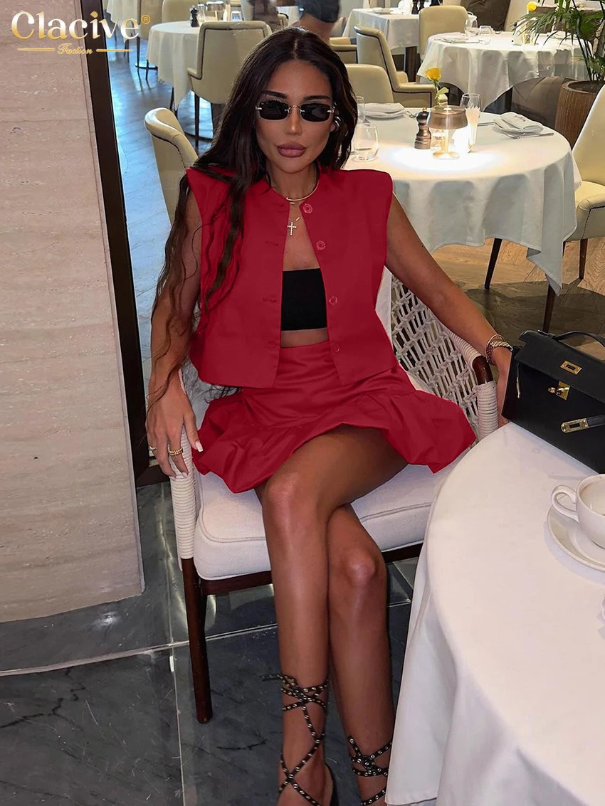 Clacive Summer Loose Red Cotton Womens Two Pieces Set 2025 Fashion Sleeveless Tank Top With High Waist Mini Skirt Female 250617