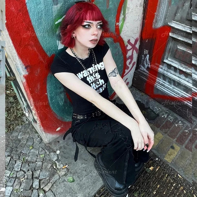 Women clothes Retro Black short letter print short-sleeved T-shirt slim summer Y2K Club Wear crop top Kawaii harajuku vintage 250617