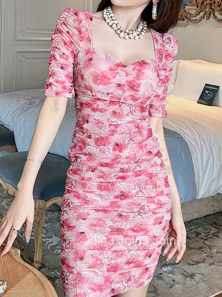 French Elegant Women Evening Dress Mesh Temperament Vintage Sweet Floral Folds Midi Party Beach Street Lady Femme Mujer Vestidos