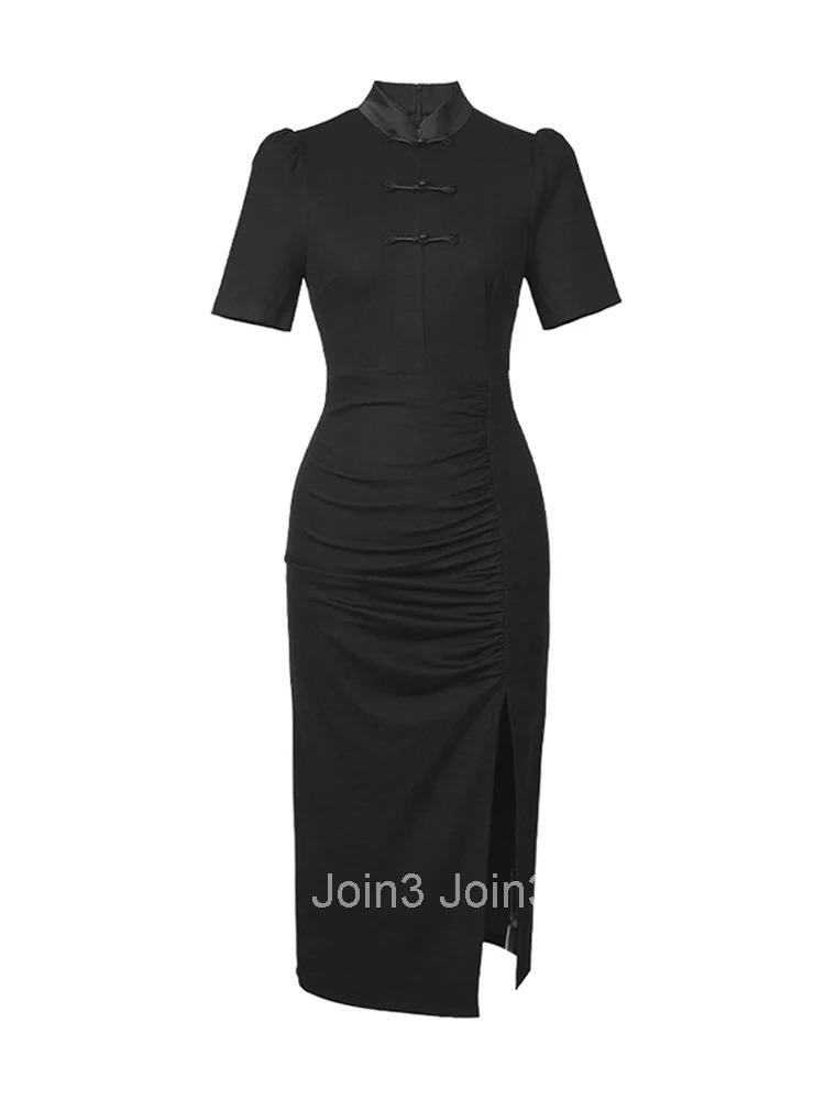 Chinese Style Summer Elegant Women Evening Dress Vintage Stand Neck Folds Slit Slim Midi Party Club Prom Stretchy Mujer Vestidos