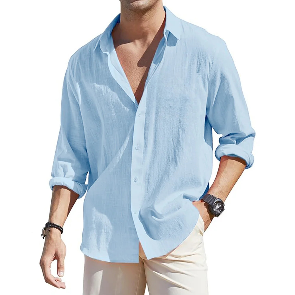 Mens Loose-Fit Long-Sleeve Cotton Linen Shirts for Men Business Casual Button Down Shirt Lightweight Breathable Vacation 250618