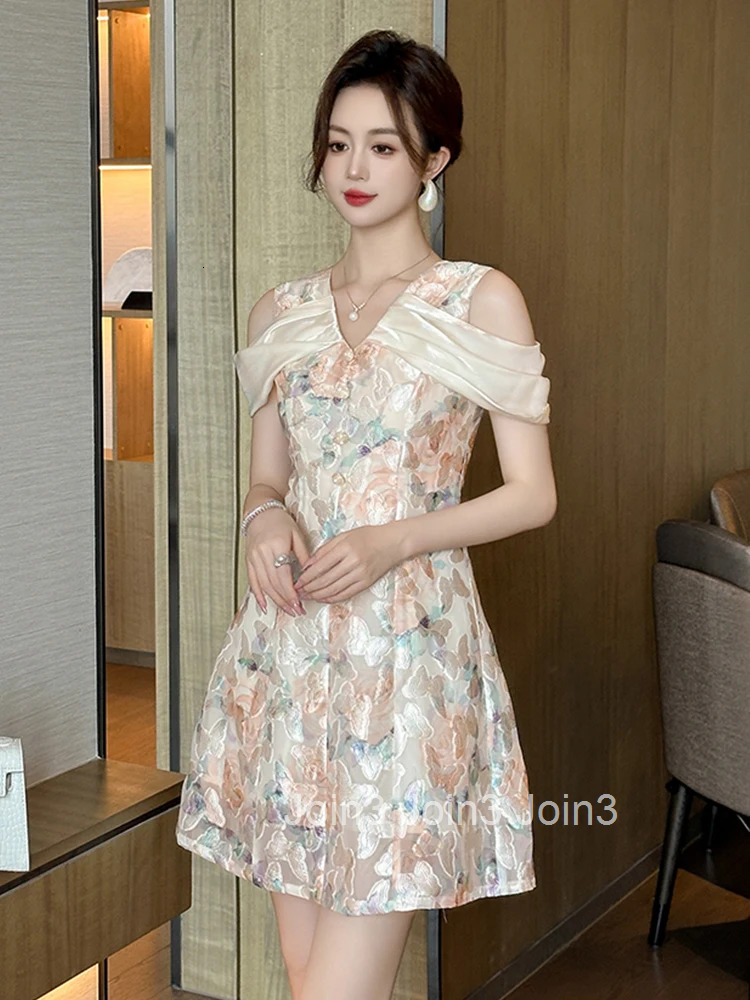 Summer Fashion Jacquard Weave V-Neck A-Line Short Dress Women Clothes Sweet Floral Print Sexy Off-Shoulder Slim Party Vestidos