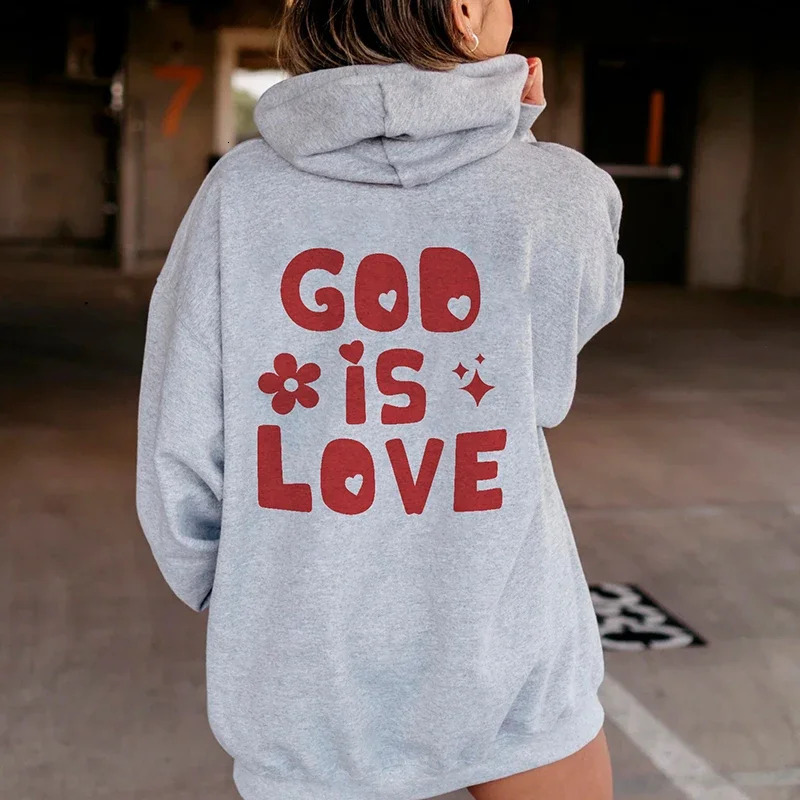 God Is Love Back Print Women Loose Hoodies Religious Sweatshirt Fall Winter Fashion Clothes Christian Tops Drop 250614
