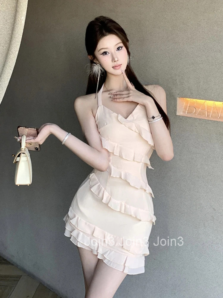 Women Vacation Clothes Sweet Ruffle Sexy Strap Backless Slim Mini Short Dress Ladies Fashion Evening Party Prom Vestidos Summer