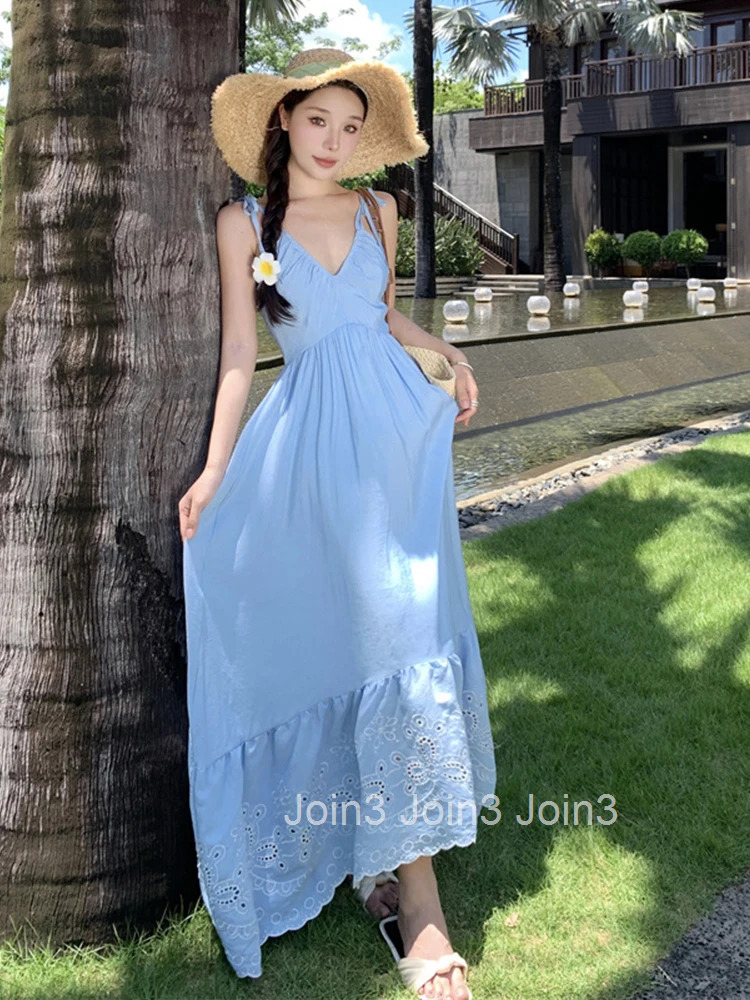 Women Vacation Clothes Blue Sweet Hollow Sexy Sling V-Neck A-Line Maxi Long Dress Elegant Fashion Party Prom Vestidos Robe Beach