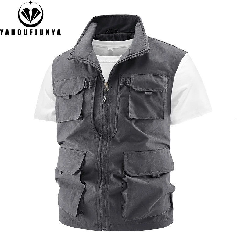 Summer Men Fishing Multiple Pockets Solid Stand Collar Vest Men Sleeveless Outdoor Casual Breathable Zipper Vest Male Coat 250617