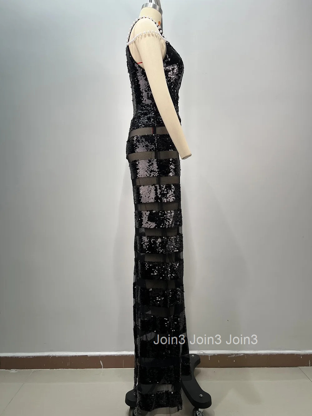 2025 Spring New Outfits For Women Fashion Sequins Beading Black Dress Sleeveless Sexy Gauze Splicing Red Carpet Tender Gown