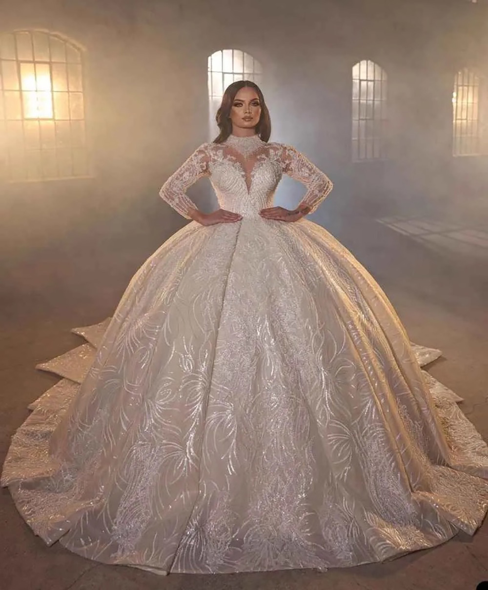 White Wedding Dresses Ivory Bridal Gowns New A Line Sequins Beaded Custom Zipper Lace Up Plus Size Formal High Neck Crystal Gorgeous Long Sleeve Sequi