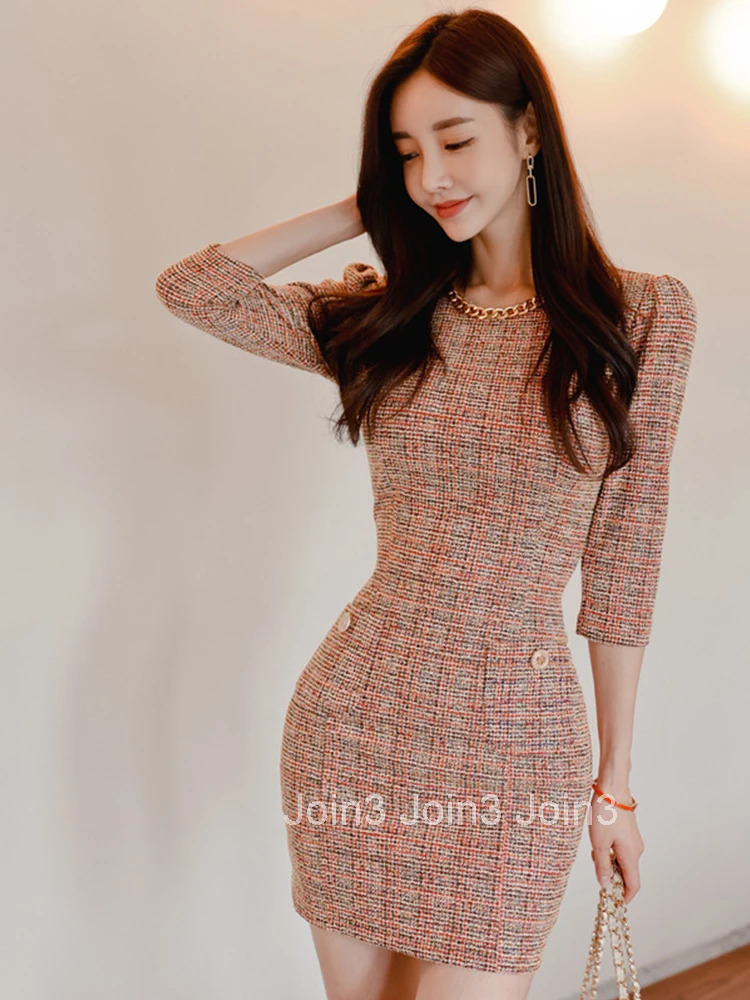 New Autumn Winter Elegant Short Dresses For Women Lady Formal Tweed Retro Sexy O-Neck Wrap Hip Mini Mujer Vestido Street Clothes