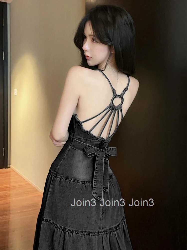 Women Clothes Y2K Denim Sexy Strap Backless Slim Maxi Long A-Line Dress Elegant Fashion Party Prom Vestido Robe Beach Casual New