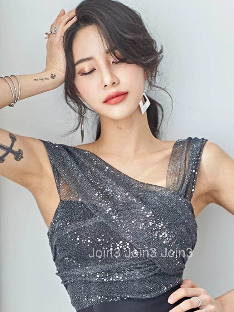 Fashion Lady Black Sparkly Sequin Mesh Splic Evening Dress Women Clothes Sexy Sleeveless Asymmetrical Slim Party Prom Vestidos